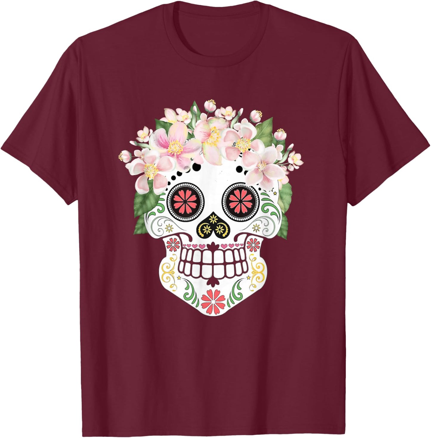 Beautiful Sugar Skull with Apple Blossom Flowers Day of Dead T-Shirt - T-Shirt | Maroon