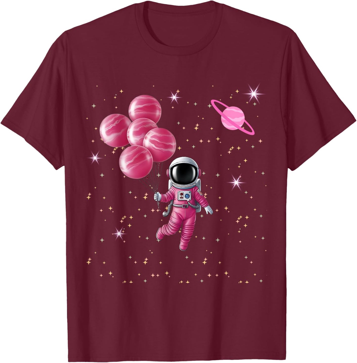 Cute Astronaut Girl Space Galaxy Moon Balloon Planets T-Shirt - T-Shirt | Maroon