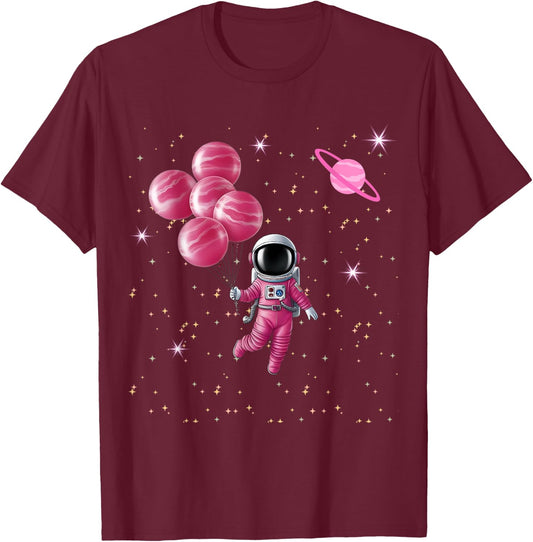 Cute Astronaut Girl Space Galaxy Moon Balloon Planets T-Shirt - T-Shirt | Maroon