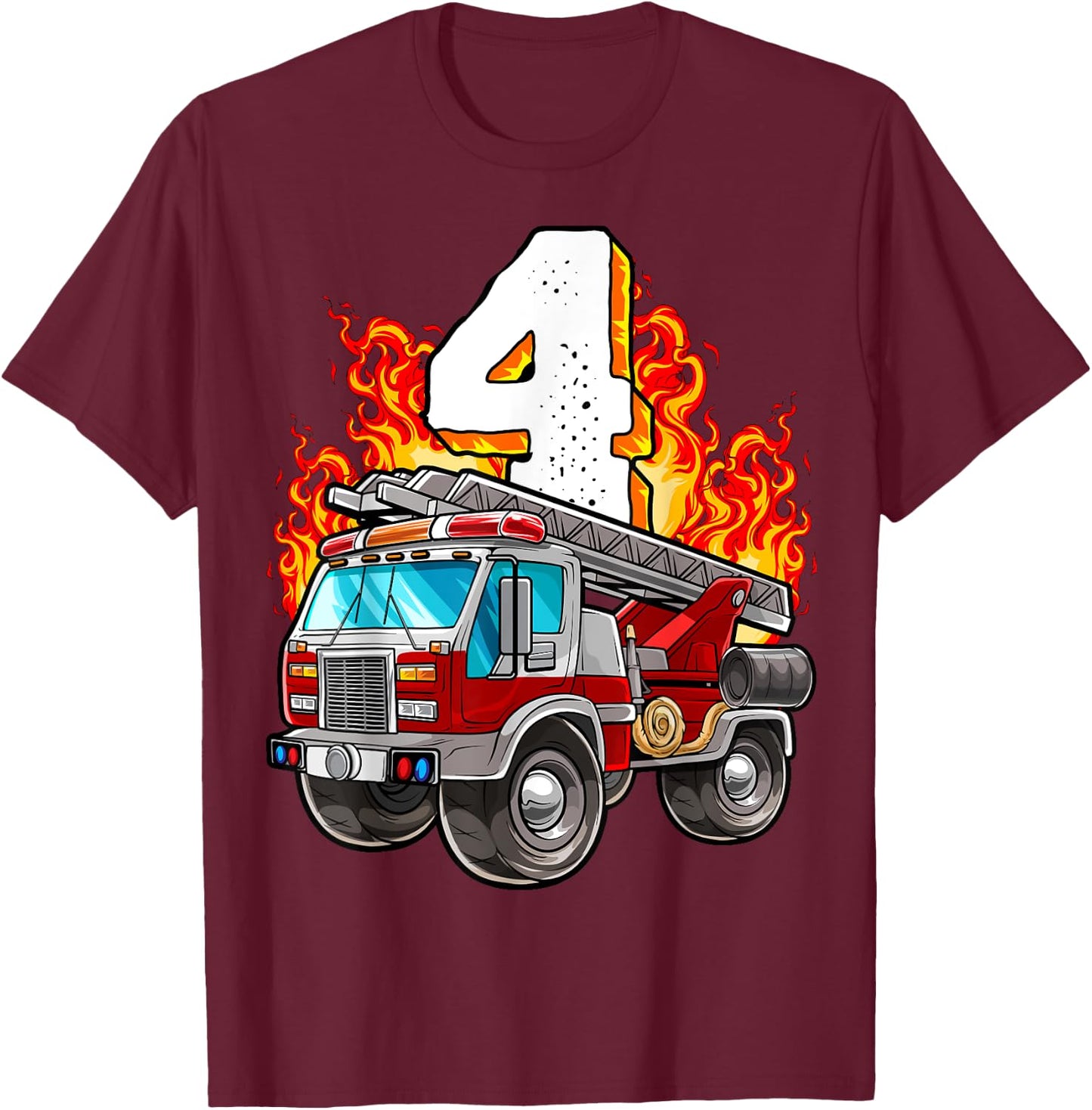 Firefighter 4th Birthday Fireman and Firetruck Birthday Boys T-Shirt - T-Shirt | Maroon
