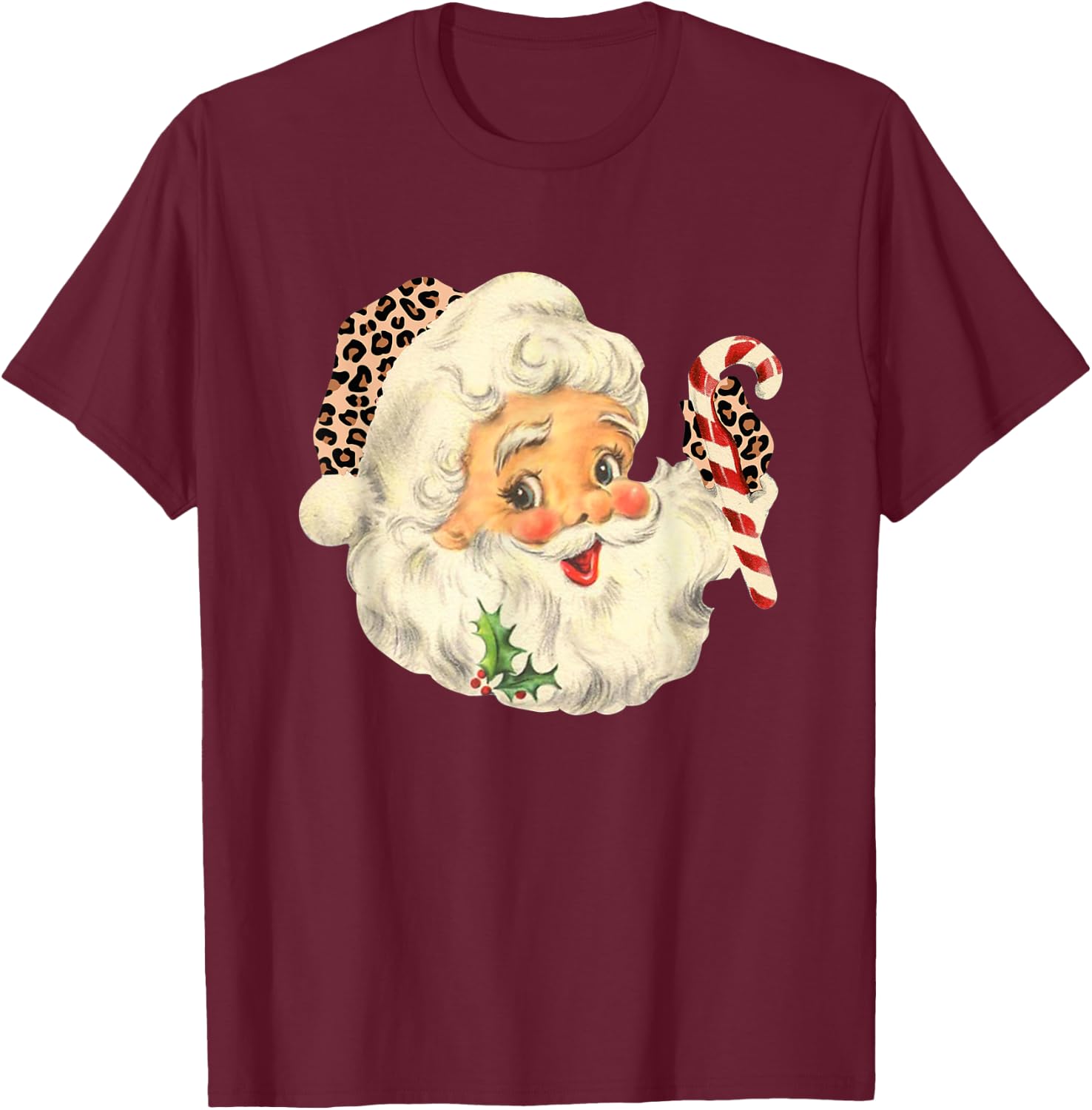 Funny Santa Claus face Vintage Leopard Santa Christmas T-Shirt - T-Shirt | Maroon