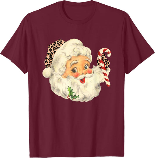 Funny Santa Claus face Vintage Leopard Santa Christmas T-Shirt - T-Shirt | Maroon