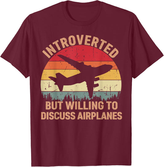 Introverted But Willing To Discuss Airplanes Vintage Pilot T-Shirt - T-Shirt | Maroon