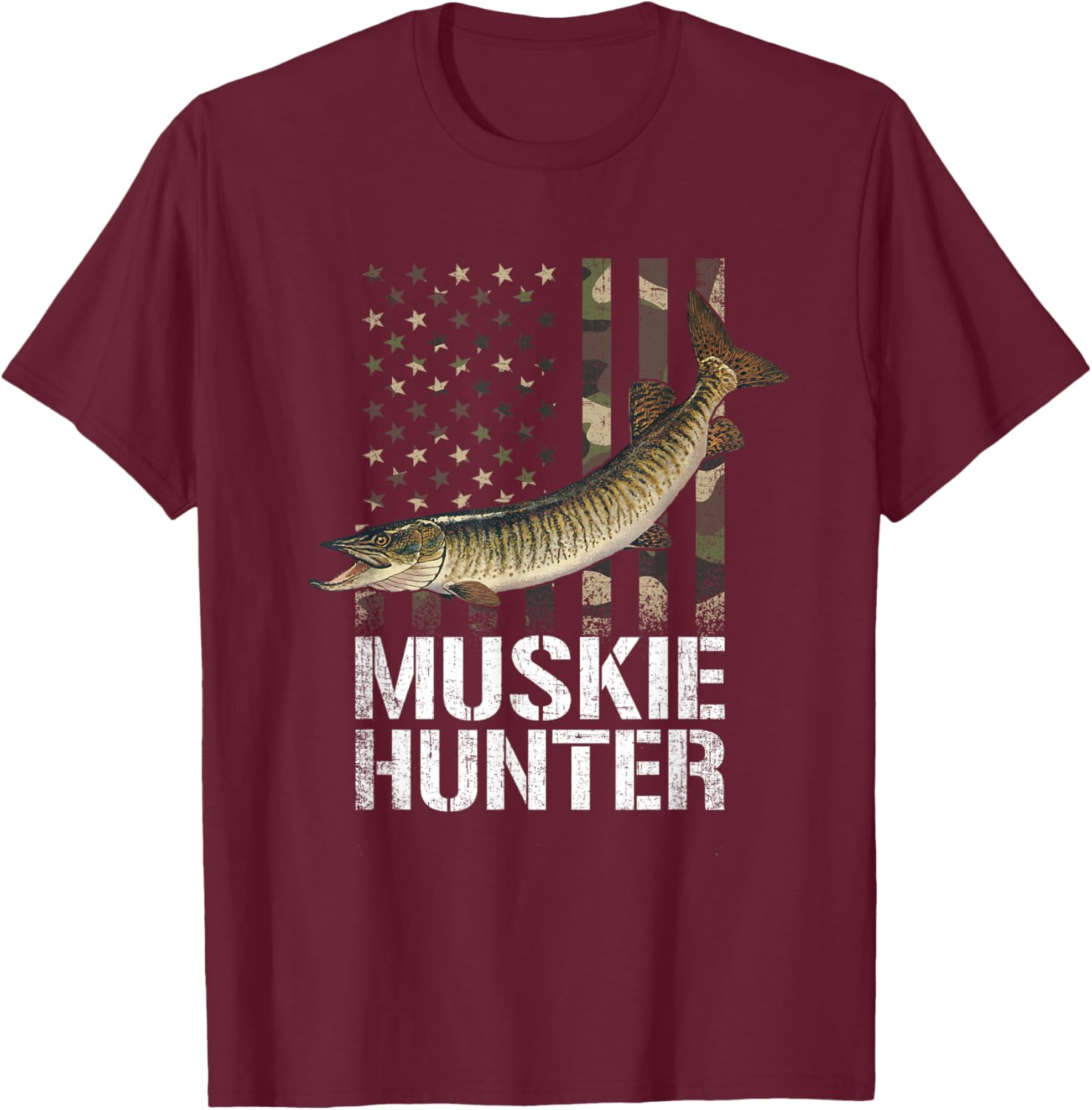 Muskie hunter, American Flag Camouflage, fishing muskie T-Shirt - T-Shirt | Maroon