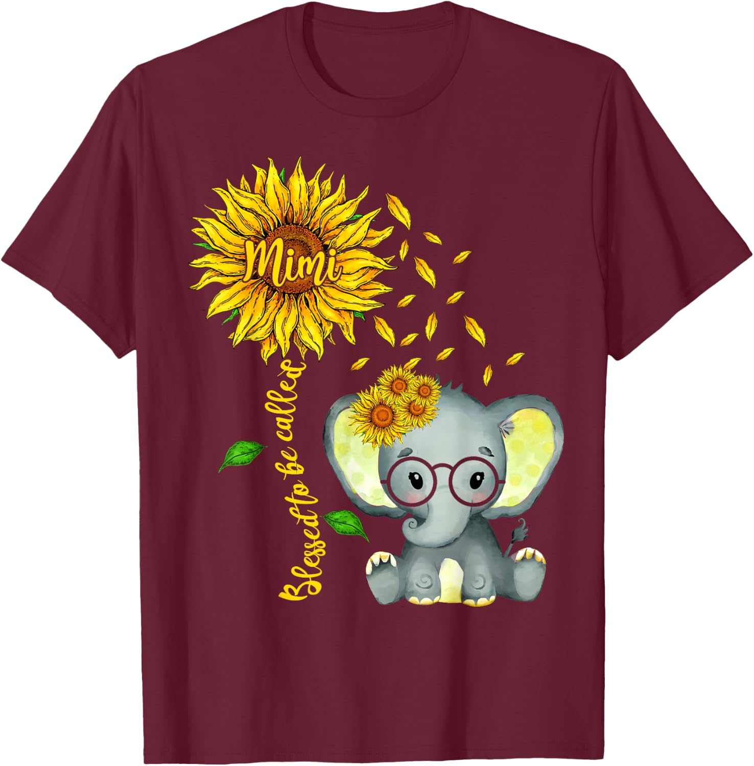 Blessed To Be Called Mimi Sunflower Elephant Mother's Day T-Shirt - T-Shirt | Maroon