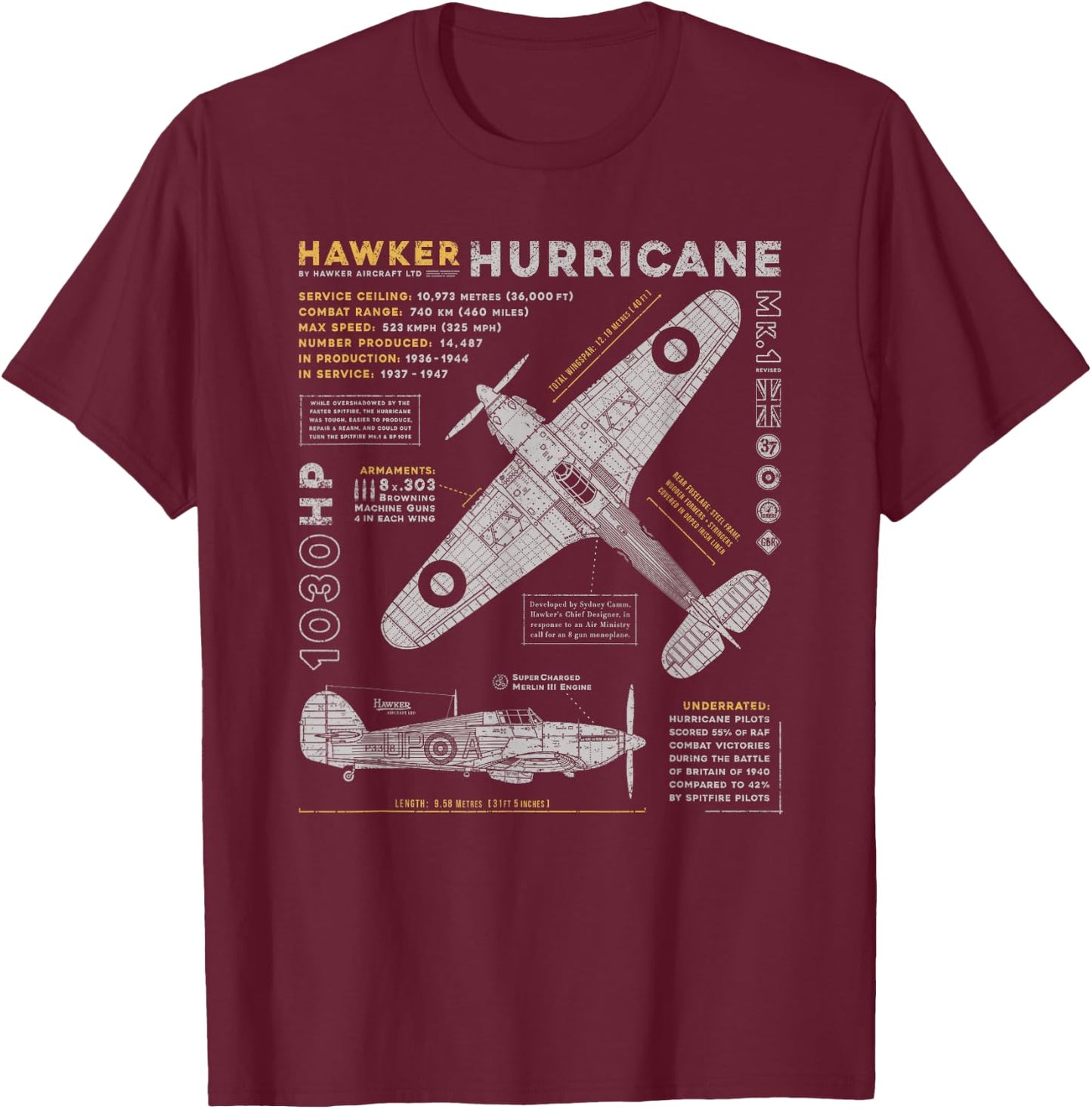 Hawker Hurricane | Battle of Britain WWII RAF Fighter Plane T-Shirt - T-Shirt | Maroon