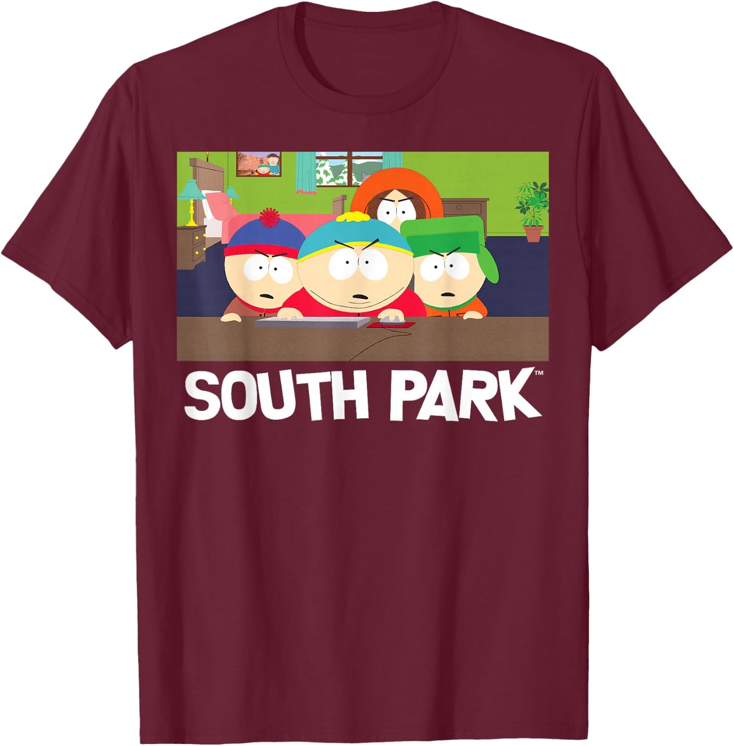South Park Group Shot Scene - Kenny, Kyle, Cartman & Stan T-Shirt - T-Shirt | Maroon