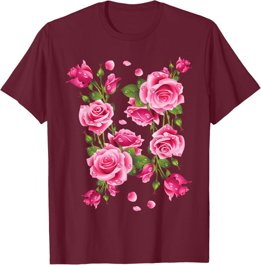 Beautiful Pink Roses Bouquet Graphic & Cool Designs T-Shirt - T-Shirt | Maroon