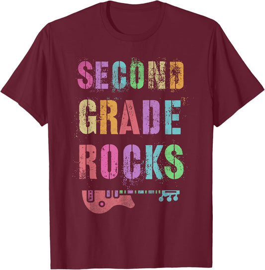 2nd GRADE ROCKS Teacher I Teach Second Gr Rockstar Teaching Women Girls Kids T-Shirt - T-Shirt | Maroon