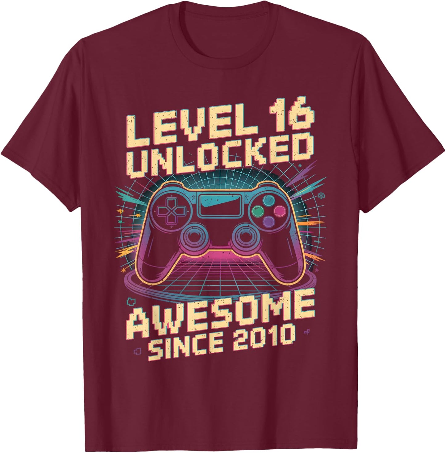16 Year Old Boy Level 16 Gamer 2010 16th Birthday Party Gift T-Shirt - T-Shirt | Maroon