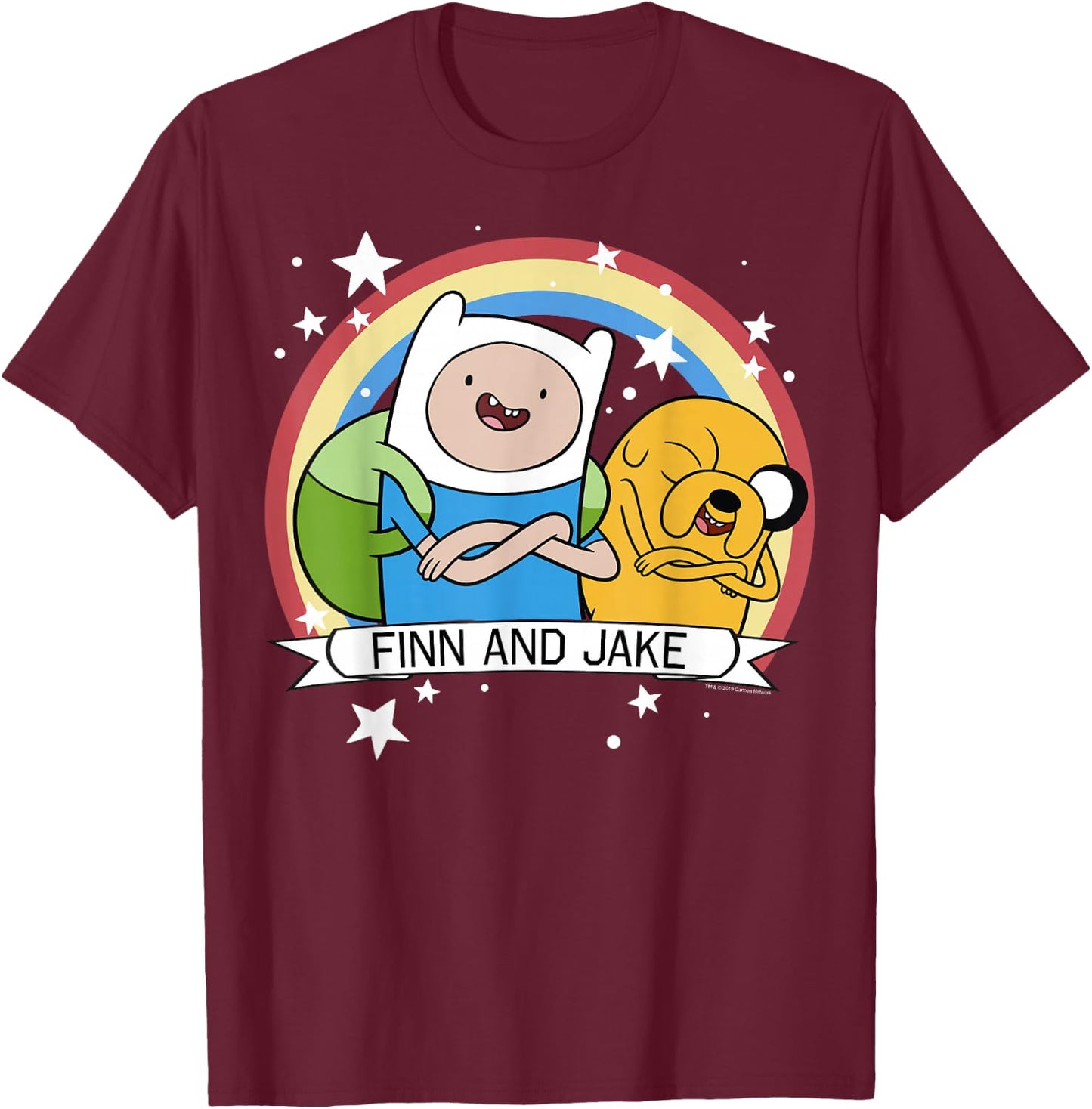 CN Adventure Time Finn and Jake Rainbow Stars Portrait T-Shirt - T-Shirt | Maroon