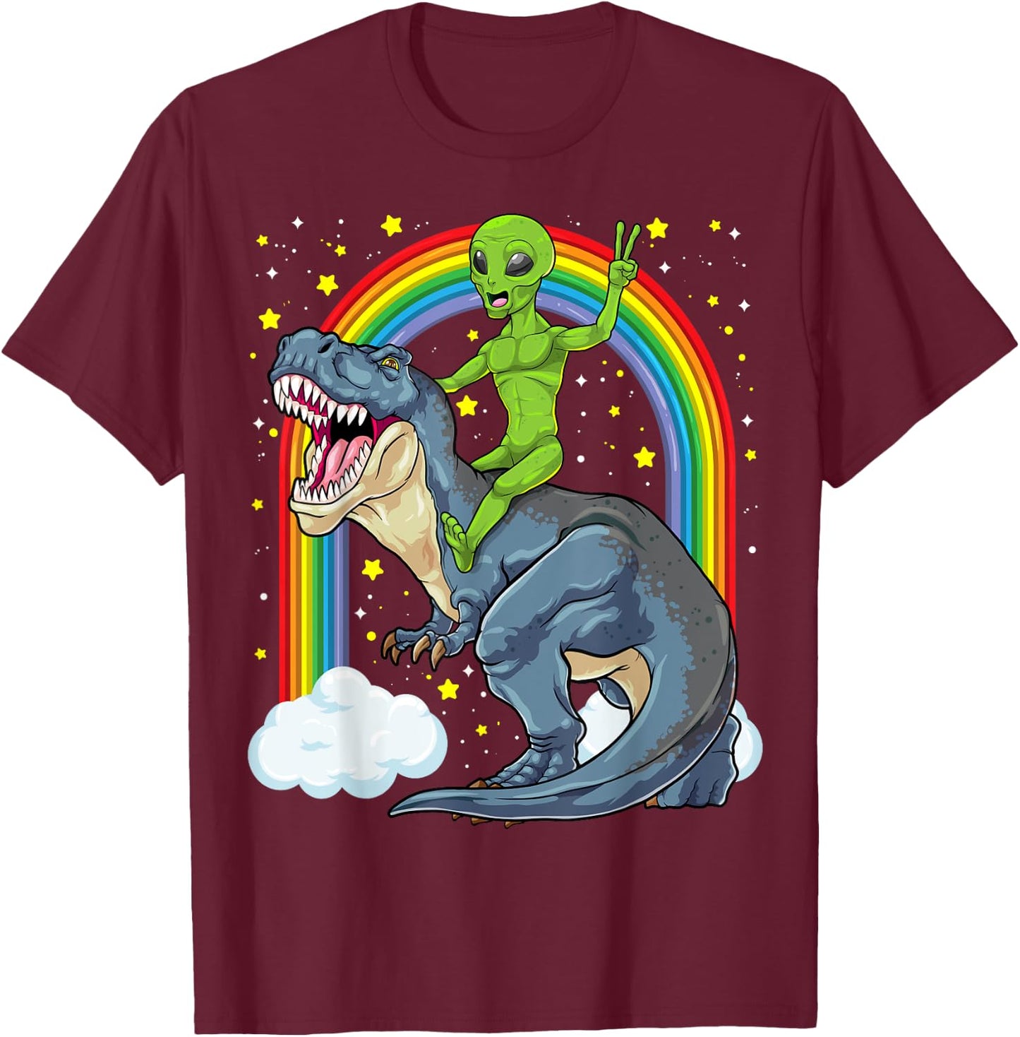 Alien Riding Dinosaur T Rex UFO Space Extraterrestrial Kids T-Shirt - T-Shirt | Maroon
