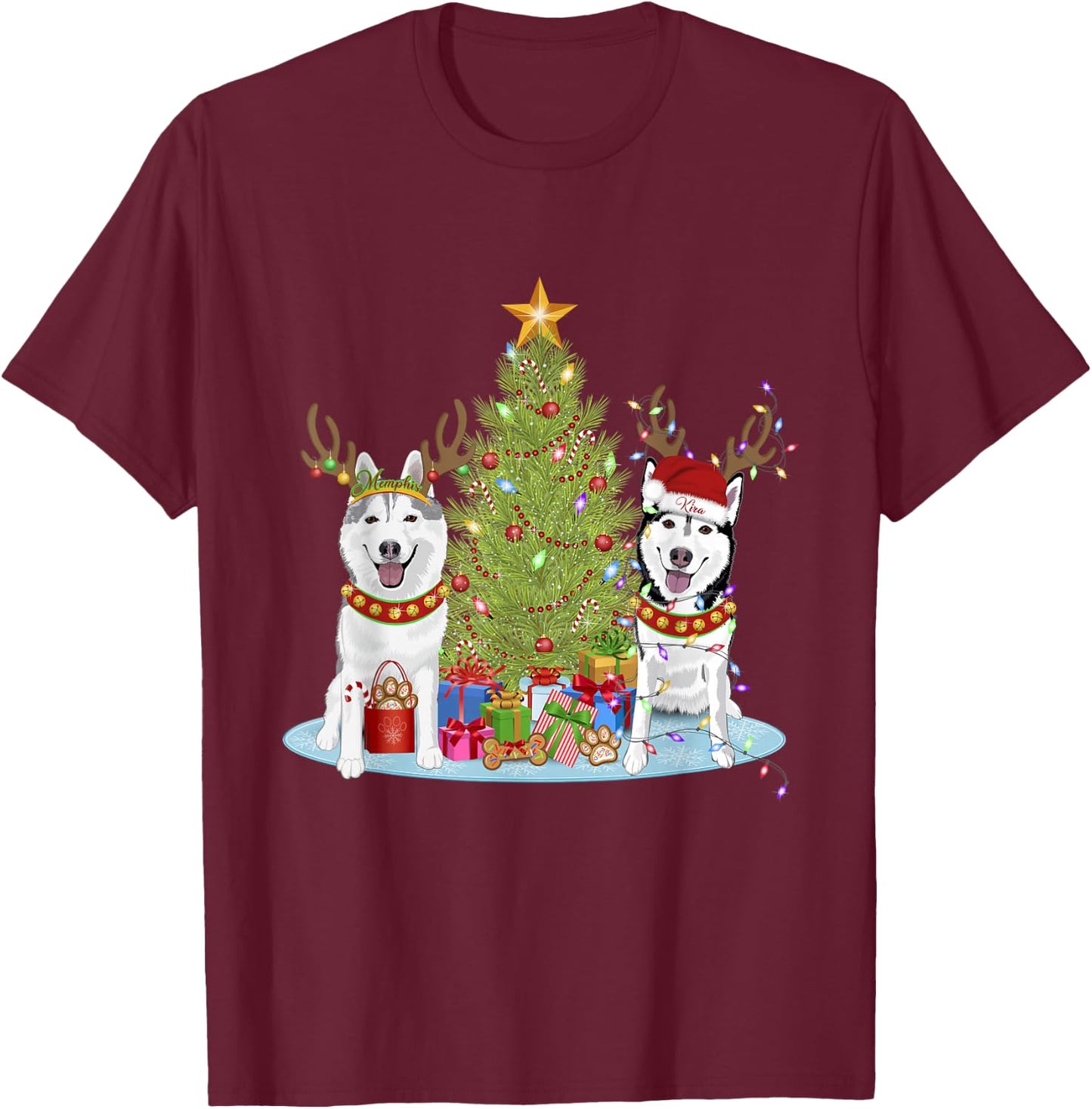 Siberian Husky Christmas Tree with Presents T-Shirt - T-Shirt | Maroon