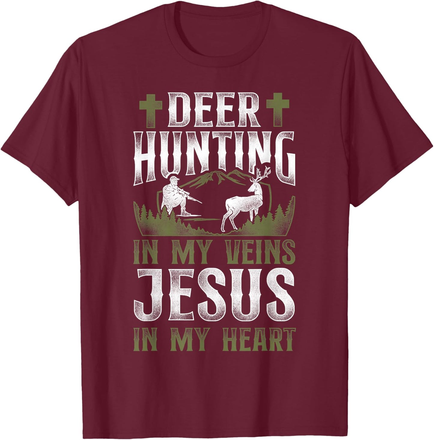 Buck Deer Hunting Hunter Jesus Faith Vintage Deer Hunting In T-Shirt - T-Shirt | Maroon