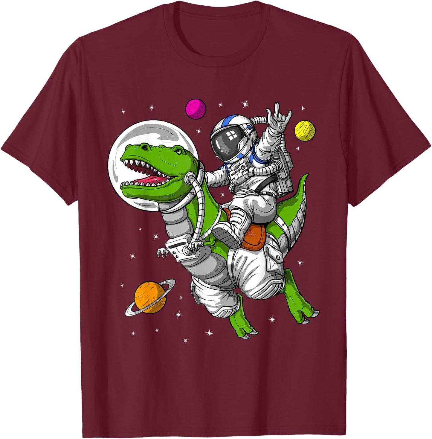 Space Astronaut Riding T-Rex Dinosaur Funny Dinosaur T-Shirt - T-Shirt | Maroon