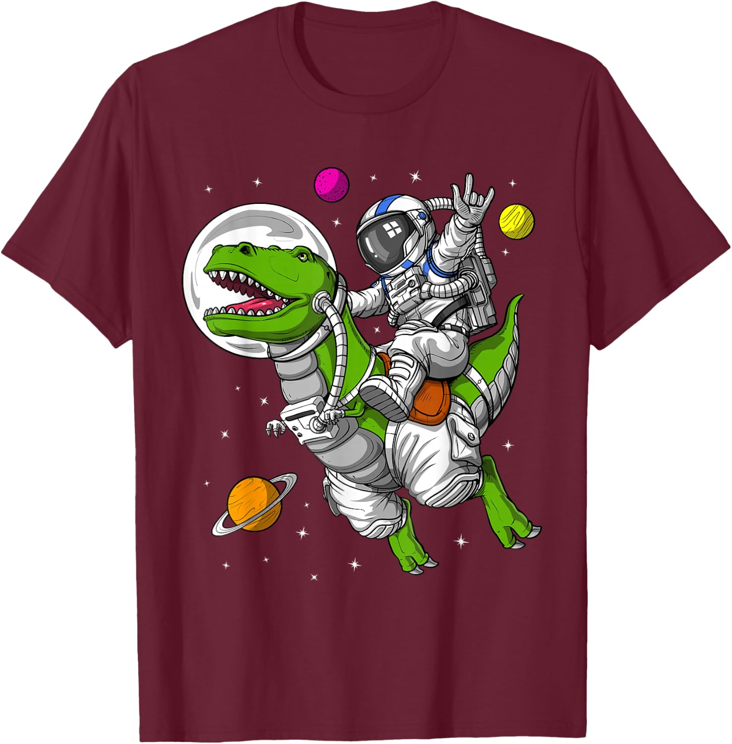 Space Astronaut Riding T-Rex Dinosaur Funny Dinosaur T-Shirt - T-Shirt | Maroon
