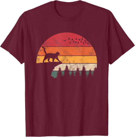 Cat Retro Sunset Cat Lover T-Shirt - T-Shirt | Maroon