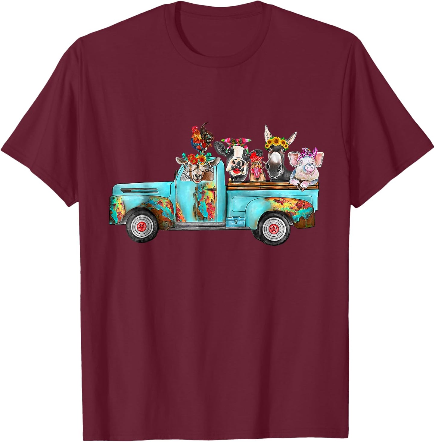 Farm Pickup Truck with Farm animals Farmer_s Wife Cow Girl T-Shirt - T-Shirt | Maroon