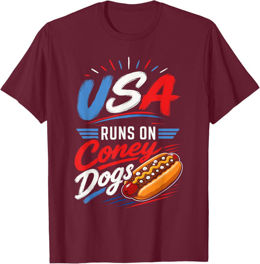 USA Runs On Coney Dogs Fun Patriotic Hot Dog Sausages T-Shirt - T-Shirt | Maroon