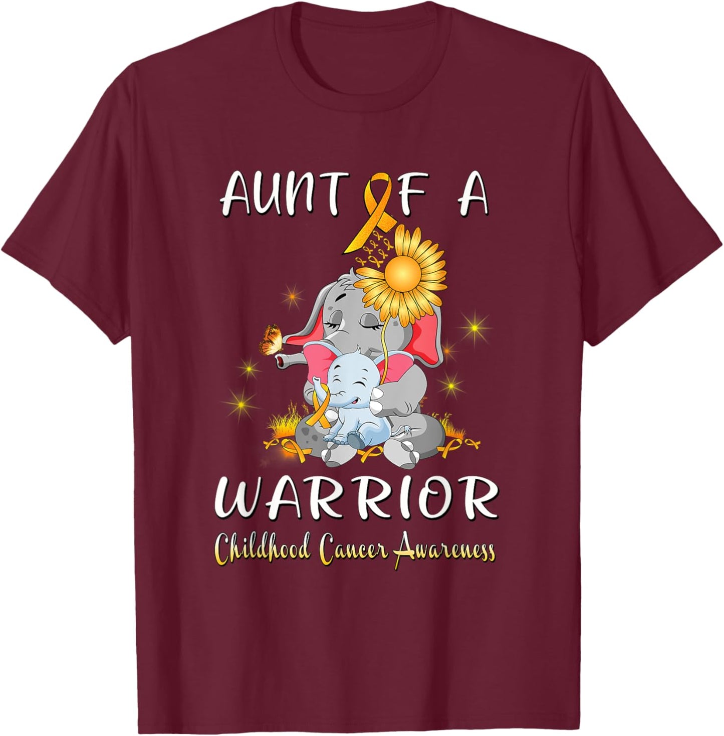 Aunt Of A Warrior Elephant Childhood Cancer Fighter Gift T-Shirt - T-Shirt | Maroon