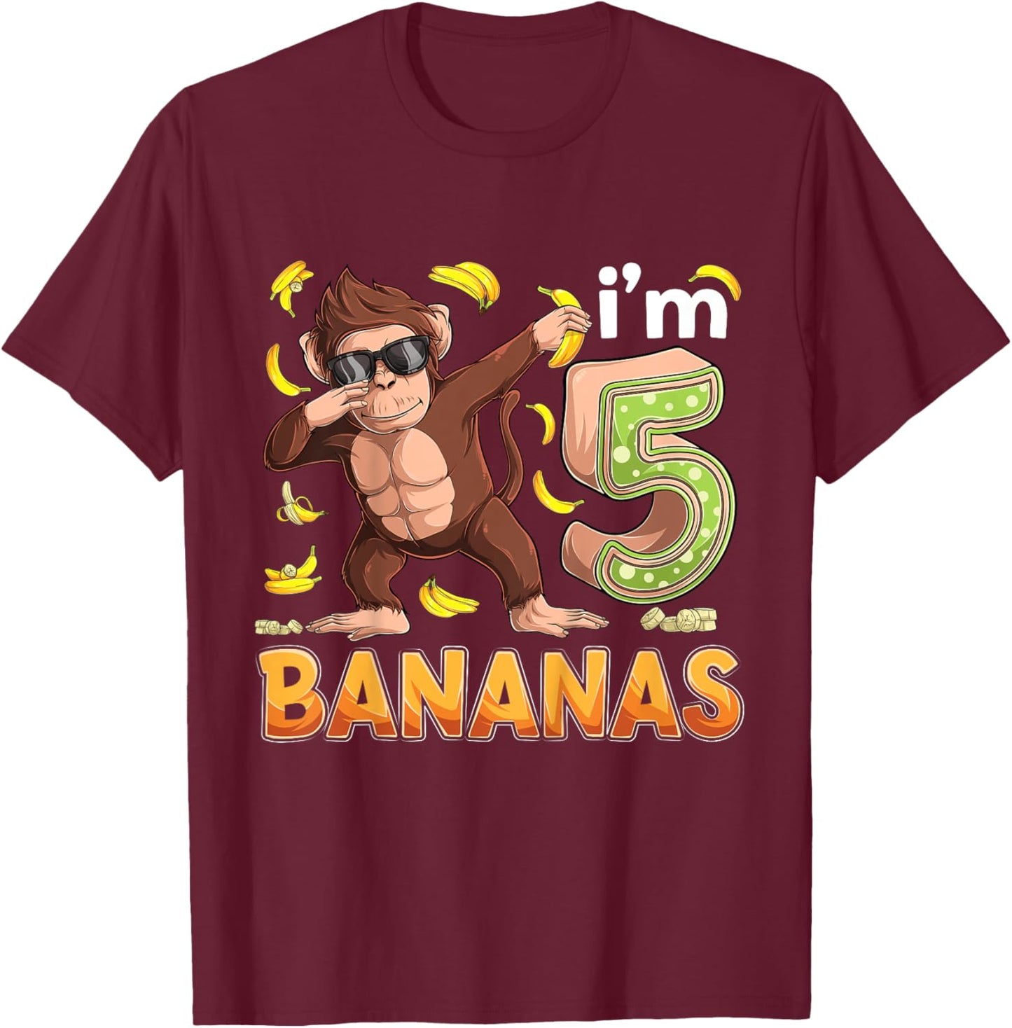 5 Year Old Monkey Birthday Safari Jungle Animal 5th B-day T-Shirt - T-Shirt | Maroon