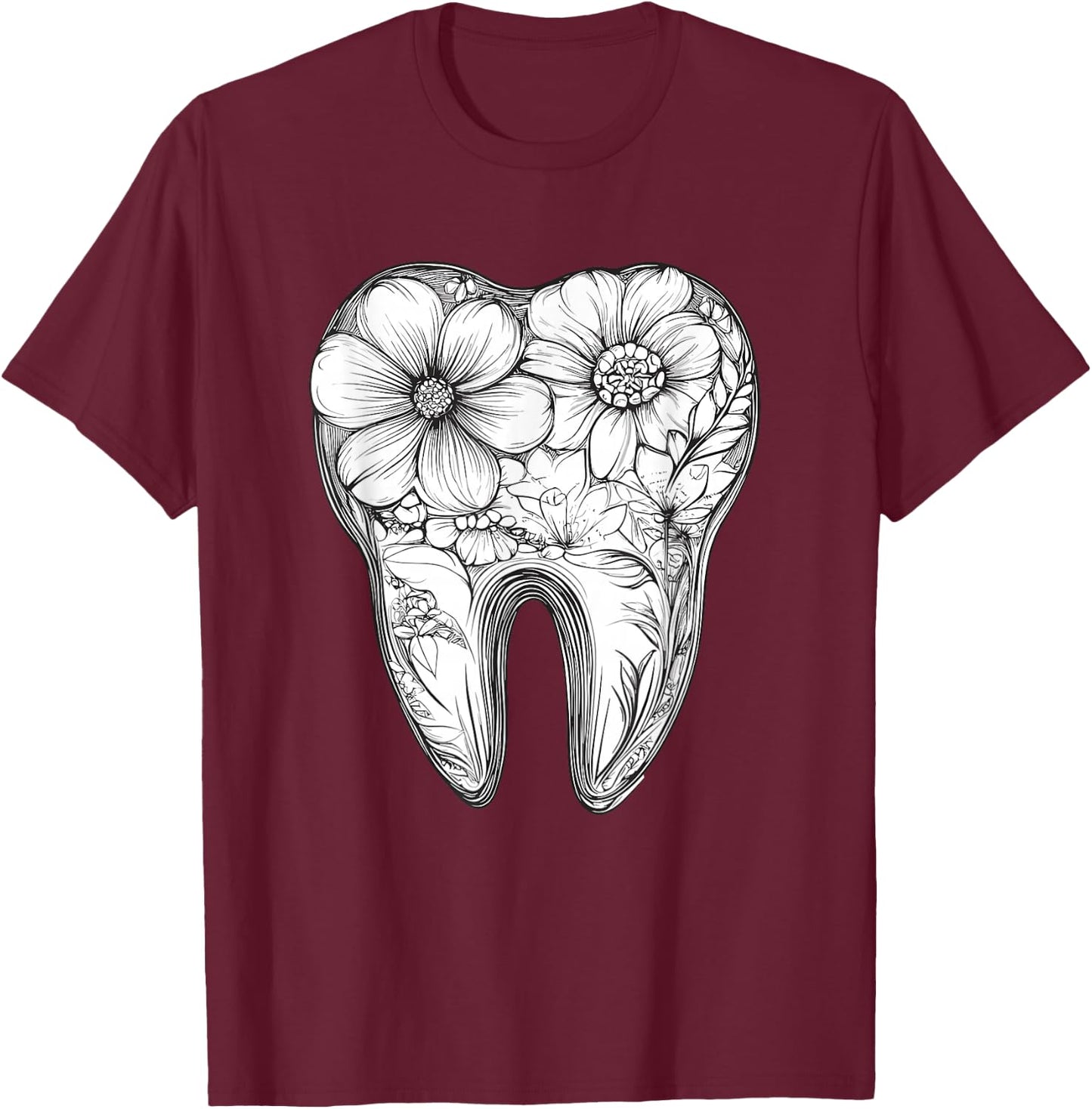 Floral Tooth with Blooming Flowers T-Shirt - T-Shirt | Maroon