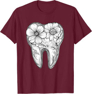 Floral Tooth with Blooming Flowers T-Shirt - T-Shirt | Maroon