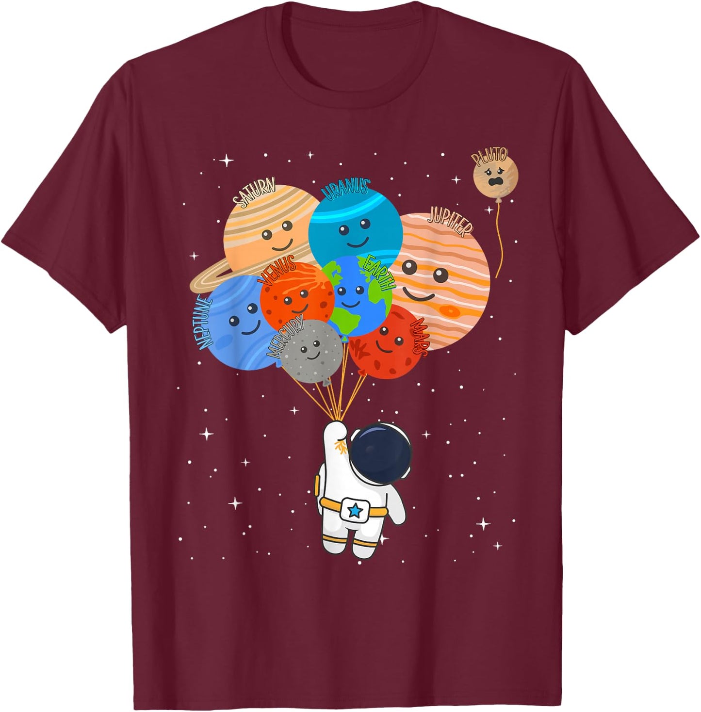 Funny Solar System Astronaut Holding Planet Balloons Pluto T-Shirt - T-Shirt | Maroon