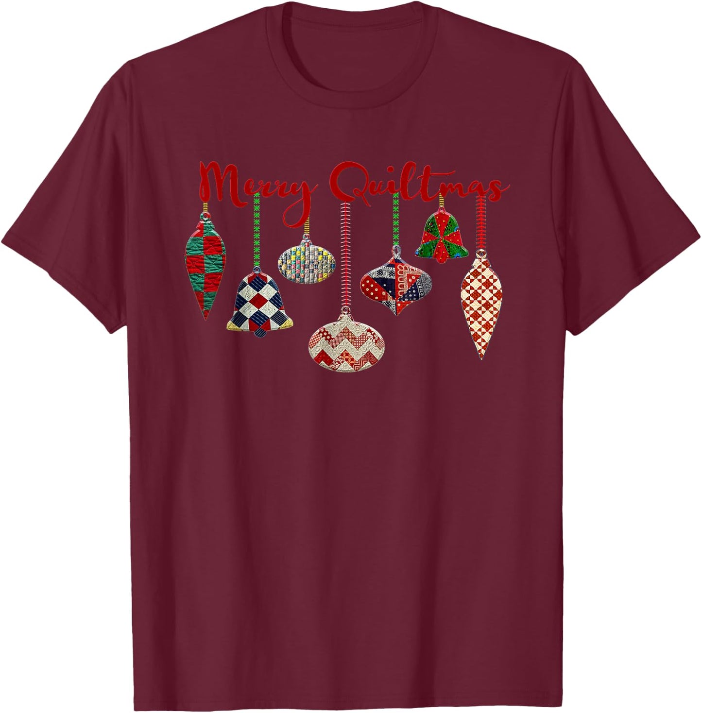 Funny Merry Quiltmas Quilting Christmas Ornament Sewing T-Shirt - T-Shirt | Maroon