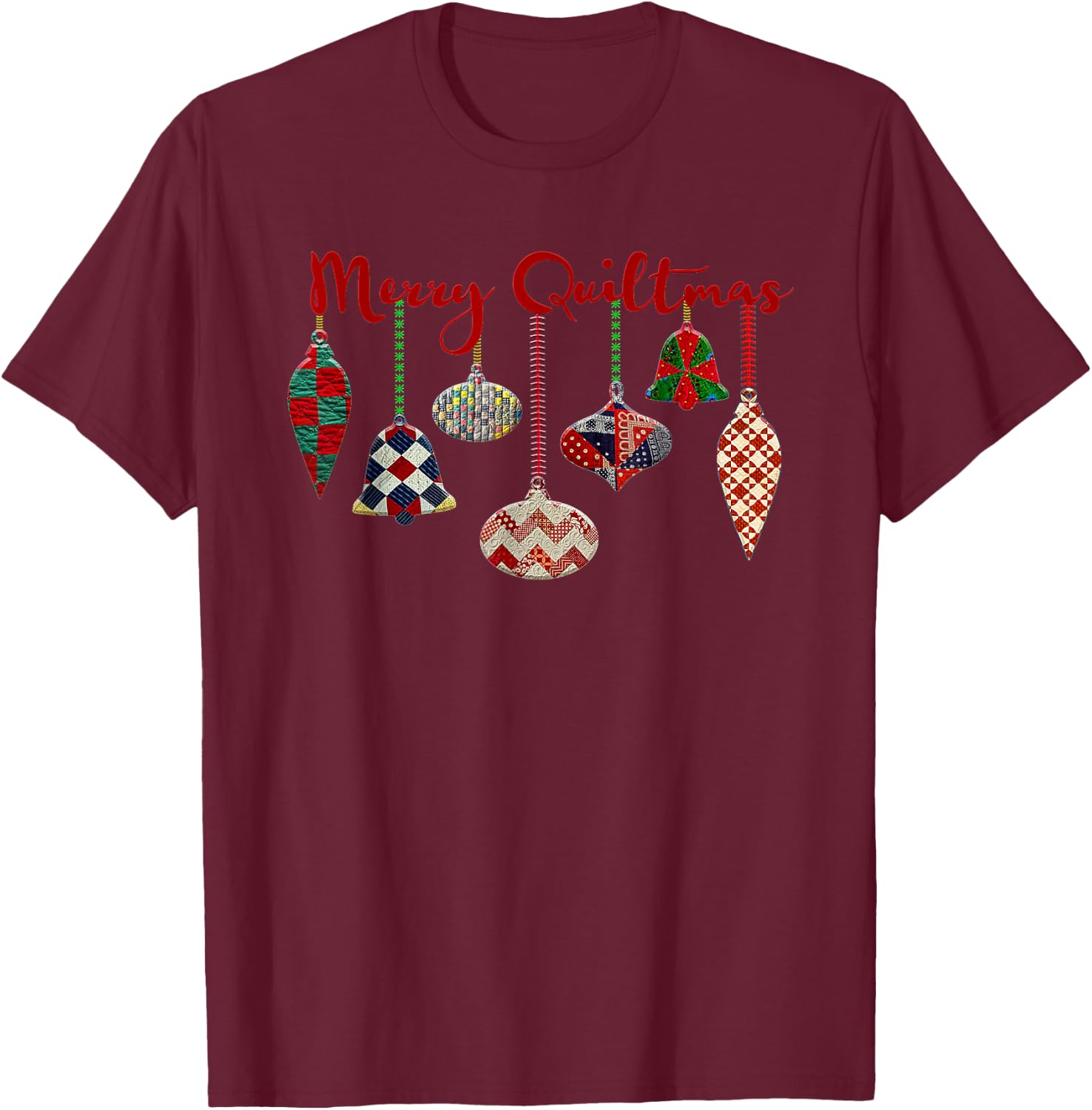 Funny Merry Quiltmas Quilting Christmas Ornament Sewing T-Shirt - T-Shirt | Maroon