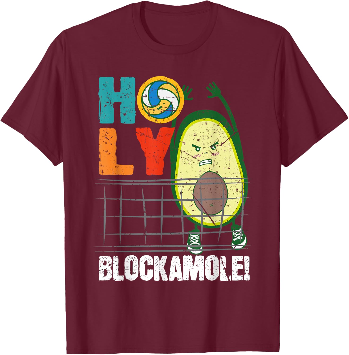 Holy Blockamole Funny Volleyball Block Avocado Design T-Shirt - T-Shirt | Maroon