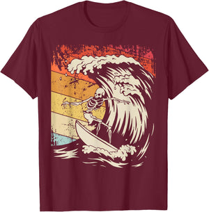 Vintage Surfing Skeleton Shirt Halloween Surfboard T-Shirt - T-Shirt | Maroon