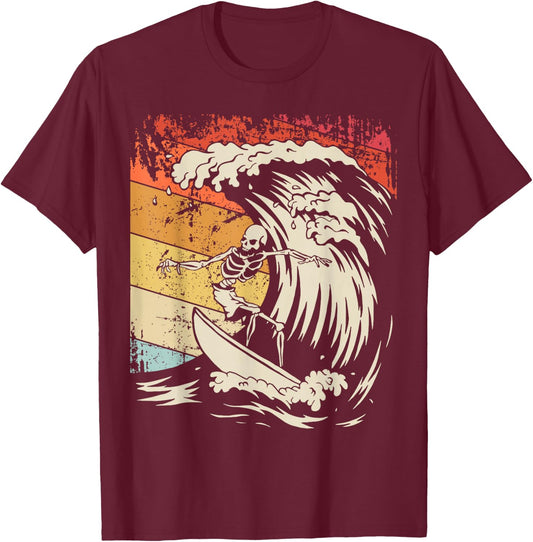 Vintage Surfing Skeleton Shirt Halloween Surfboard T-Shirt - T-Shirt | Maroon