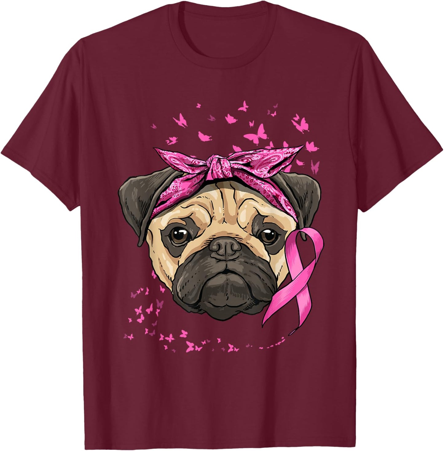 Breast Cancer Awareness Pug Dog Pink Ribbon Cancer Survivor T-Shirt - T-Shirt | Maroon