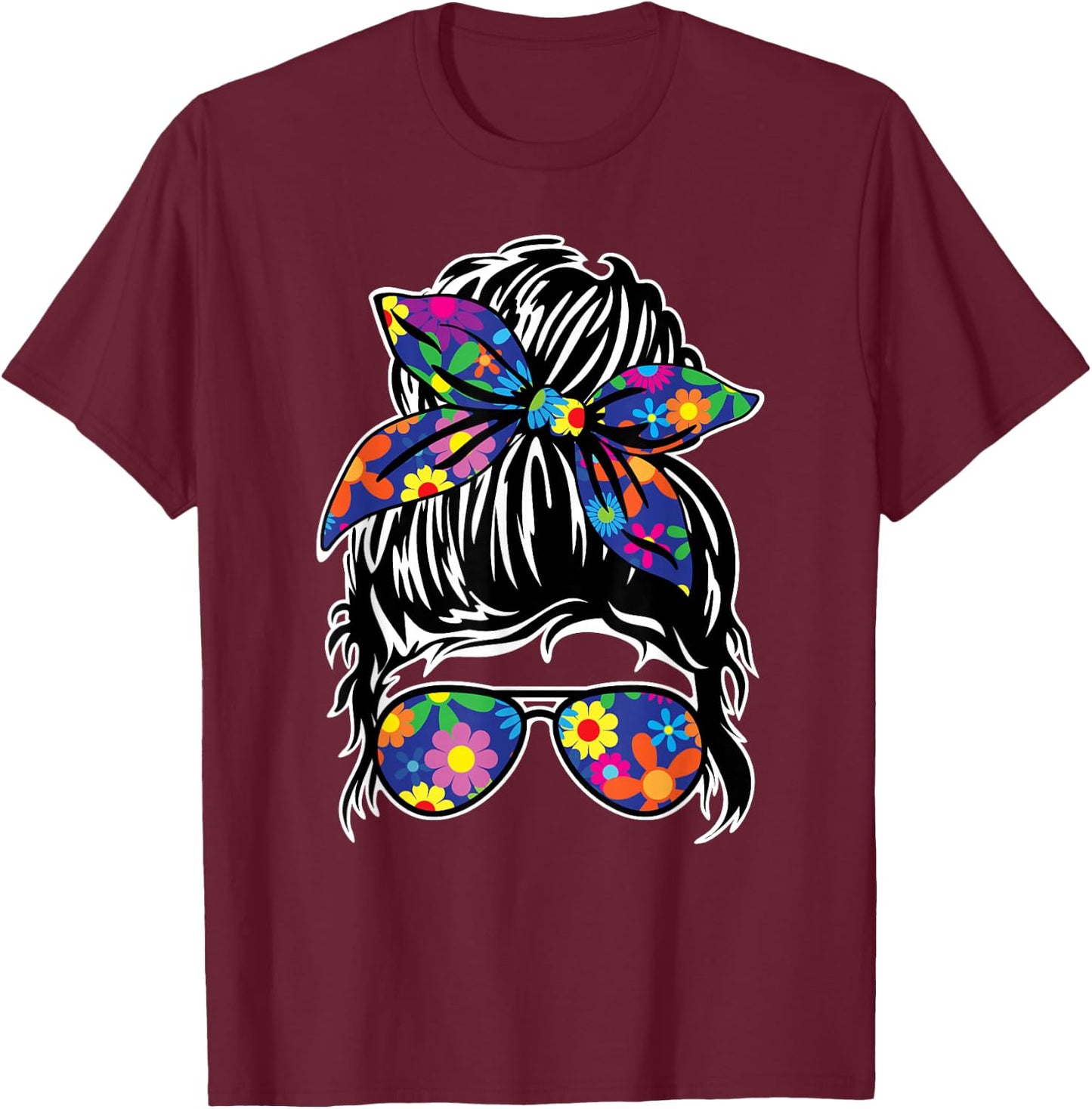 Messy Hair Bun with Bandana Ribbon and Sunglasses Design T-Shirt - T-Shirt | Maroon