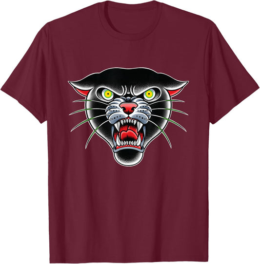 Panther Face Traditional Tattoo art illustration T-Shirt - T-Shirt | Maroon