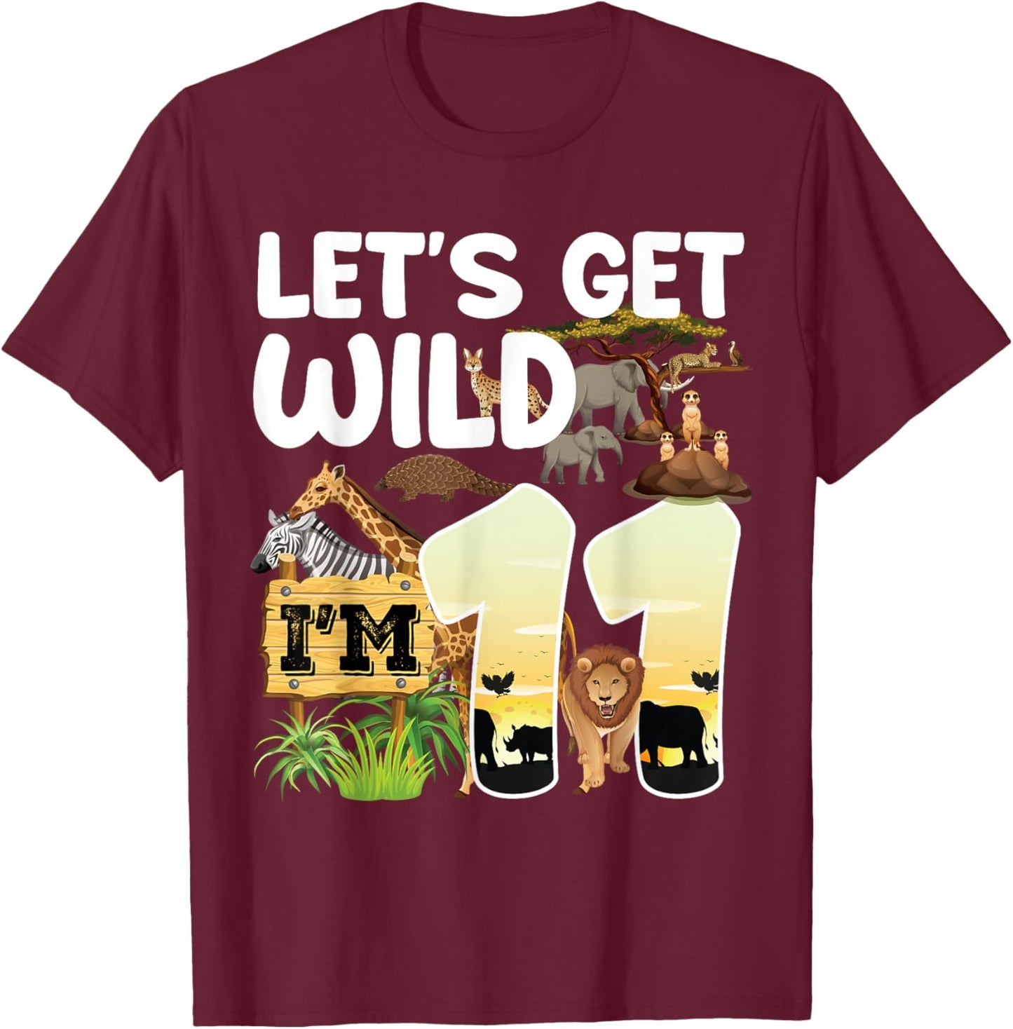 11 Year Old Zoo Birthday Safari Jungle Animal 11th B-day T-Shirt - T-Shirt | Maroon