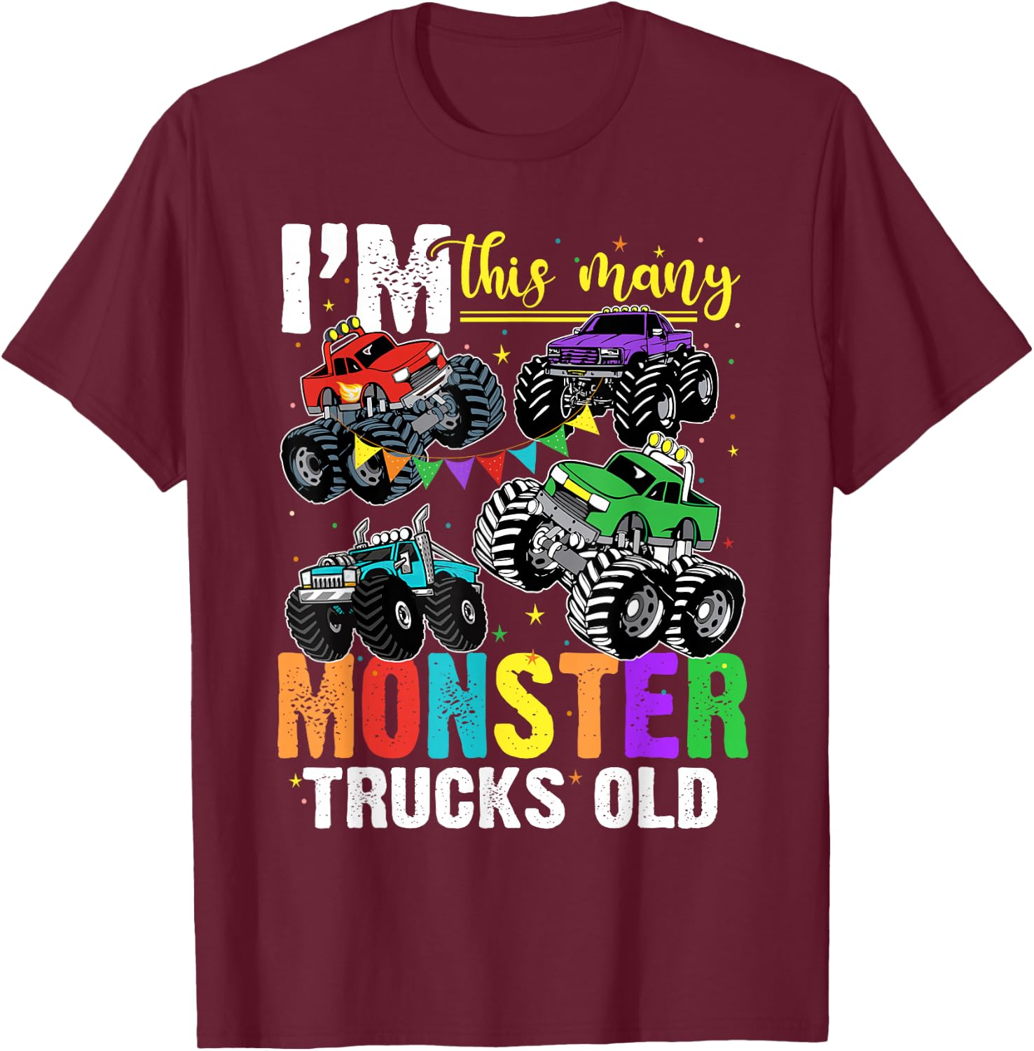 I'm This Many Monster Trucks Old 4th Birthday Boy T-Shirt - T-Shirt | Maroon