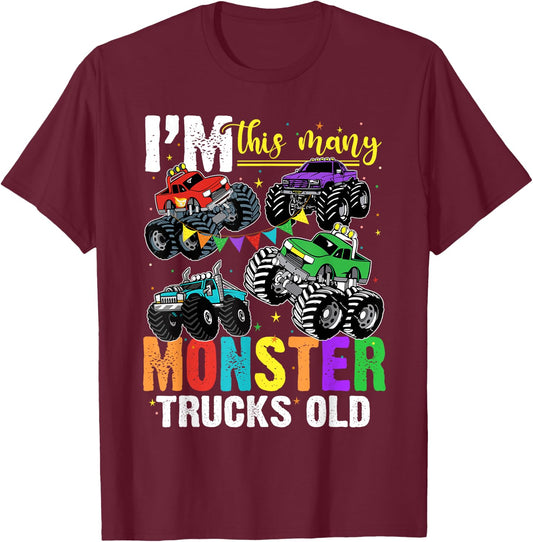 I'm This Many Monster Trucks Old 4th Birthday Boy T-Shirt - T-Shirt | Maroon
