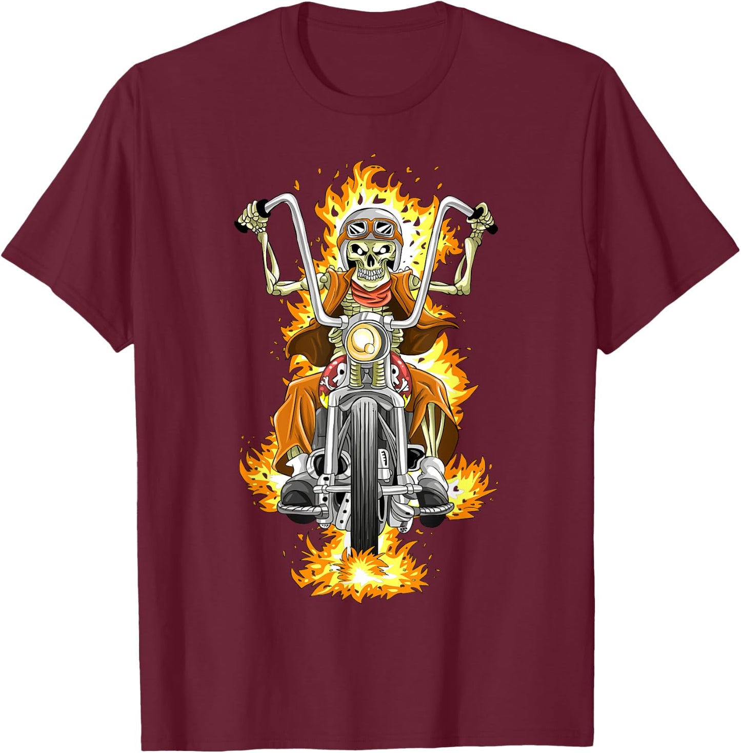 Motorcycle Skeleton / Motorcyclist Flames T-Shirt - T-Shirt | Maroon