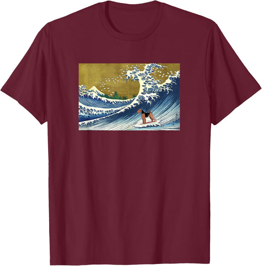 Funny Retro Vintage Surfing a Wave Airedale Terrier Lover T-Shirt - T-Shirt | Maroon