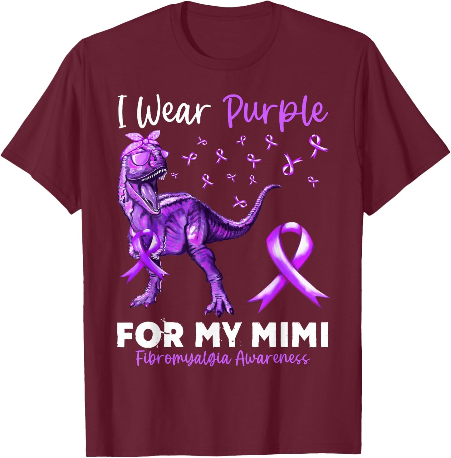 I Wear Purple For My Mimi Fibromyalgia Awareness Dinosaur T-Shirt - T-Shirt | Maroon