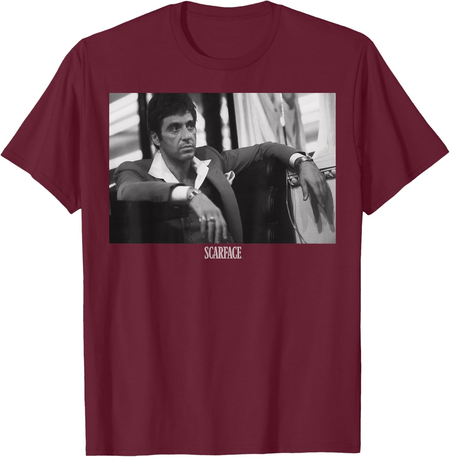 Scarface Tony Montana Sitting Portrait Logo T-Shirt - T-Shirt | Maroon