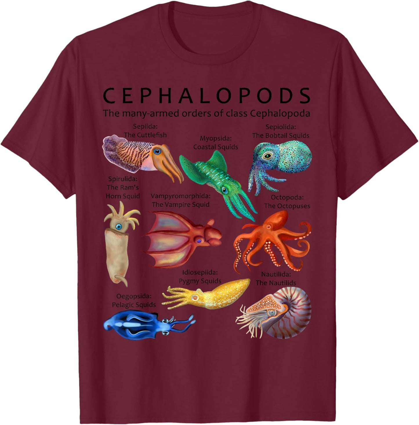 The Cephalopod: Octopus, Squid, Cuttlefish, and Nautilus T-Shirt - T-Shirt | Maroon