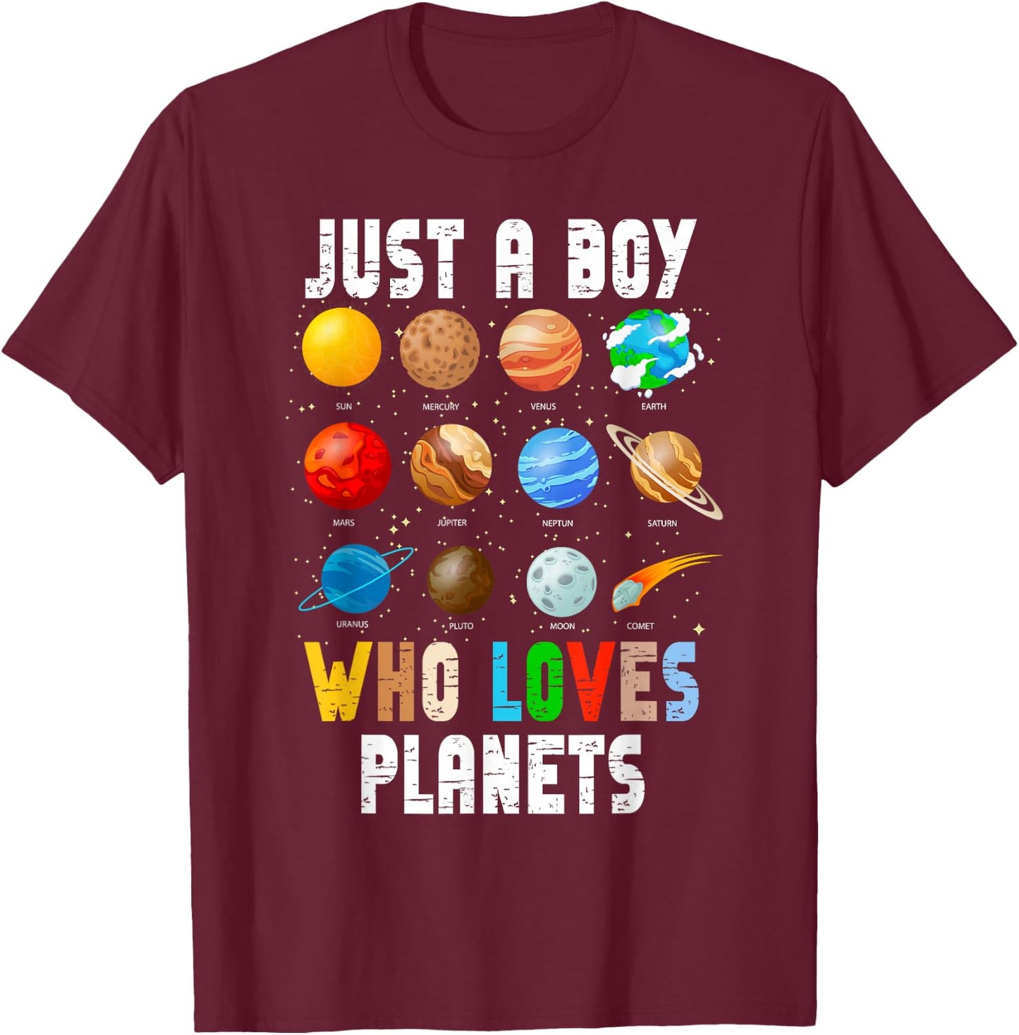 Just A Boy Who Loves Planets Kids Space Planets Solar System T-Shirt - T-Shirt | Maroon
