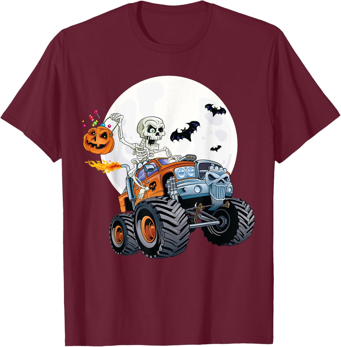 Skeleton Monster Truck Creepy Halloween Jack O Lantern Kids T-Shirt - T-Shirt | Maroon