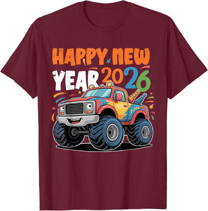 Happy New Year 2026 Toddlers Kids Boys Funny Monster Truck T-Shirt - T-Shirt | Maroon