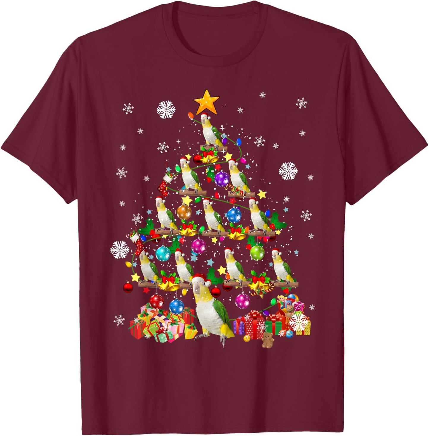 Santa Caique Birds Christmas Tree Lights Santa Parrots Birds T-Shirt - T-Shirt | Maroon