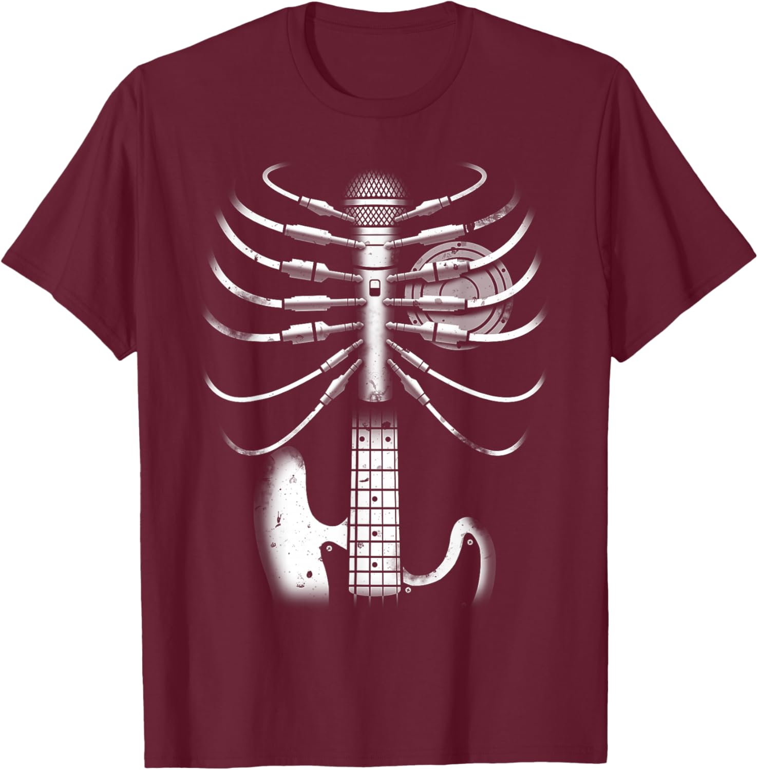 Music Skeleton Cool Guitar Microphone Speaker Heart Musician T-Shirt - T-Shirt | Maroon