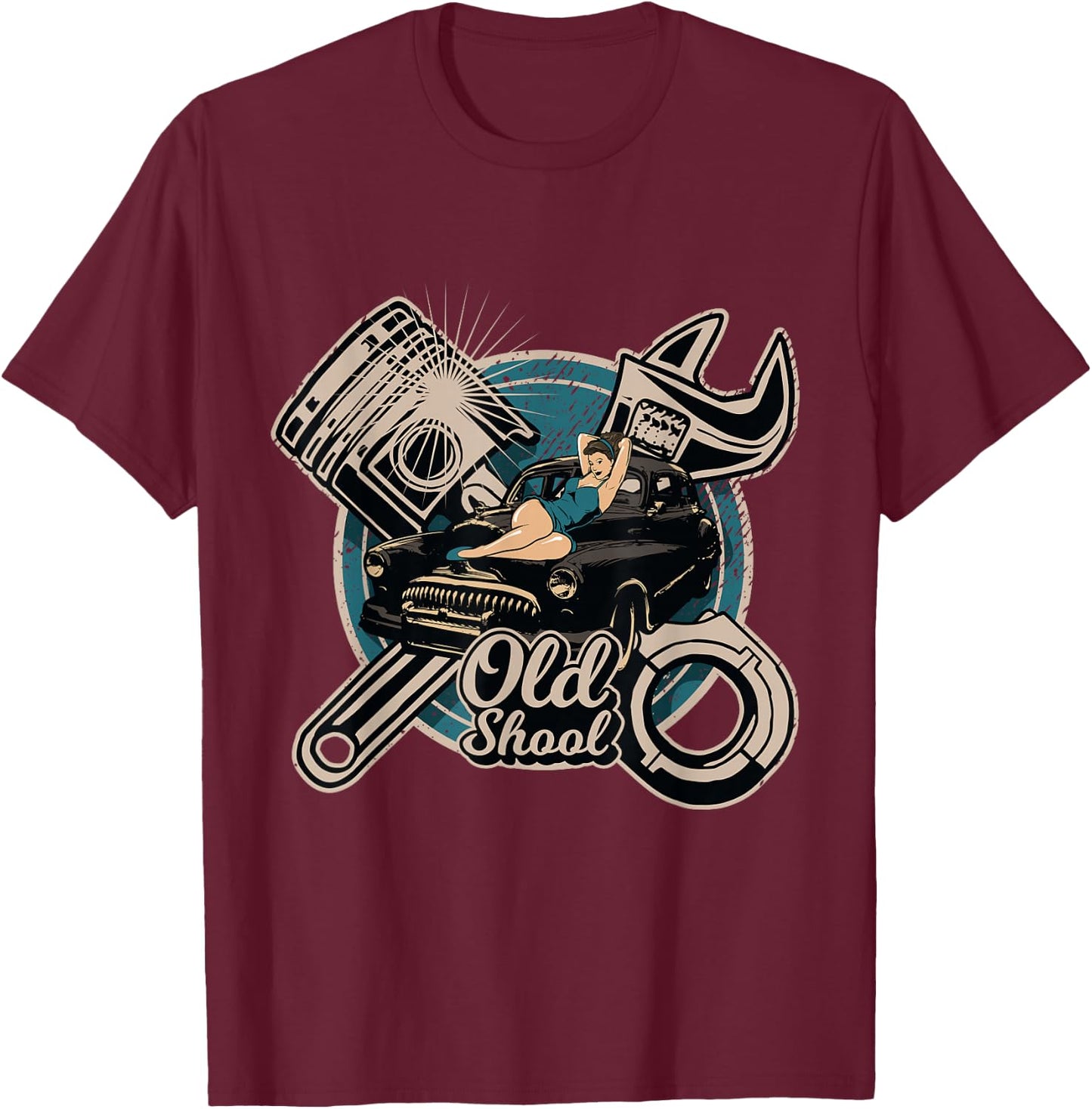 Rock n Roll Rockabilly Old School Car Auto Truck Mechanic T-Shirt - T-Shirt | Maroon